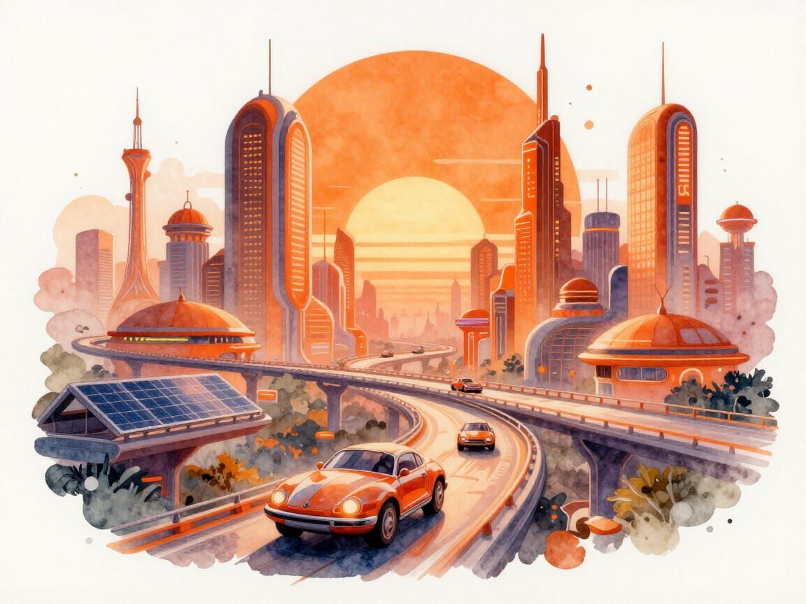 Retro-futuristic Orange Cityscape at Sunset