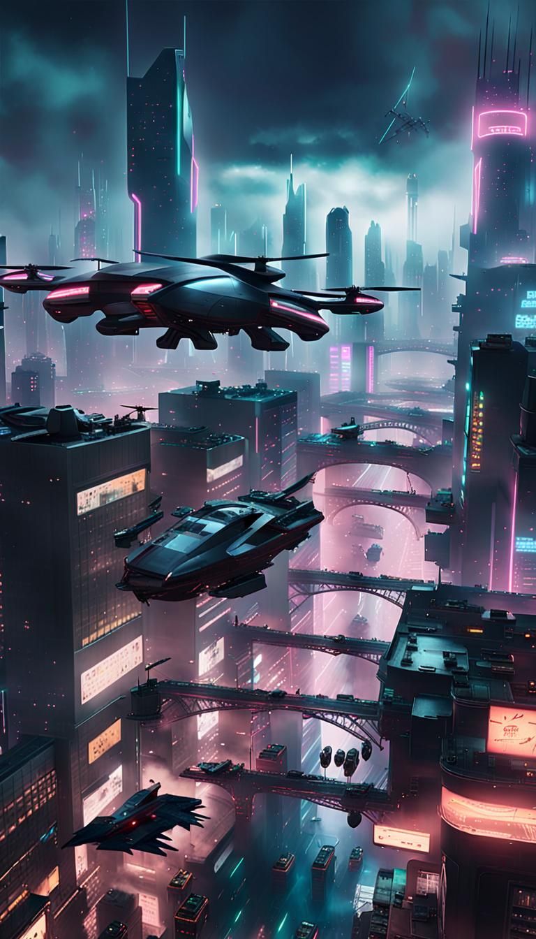 Cyberpunk Cityscape with Flying Vehicles at Night