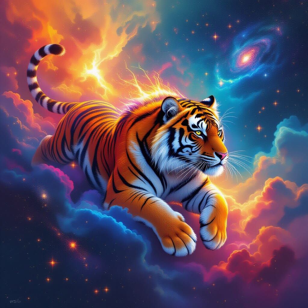 Cosmic Fire Tiger Drifting Through Nebulae