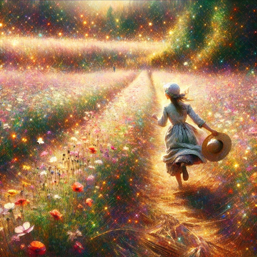 Impressionist Meadow Scene with Girl Running