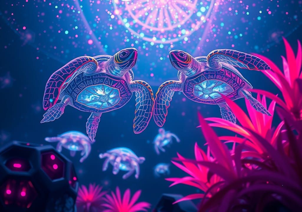 Crystal Turtles in Bioluminescent Starry Ocean