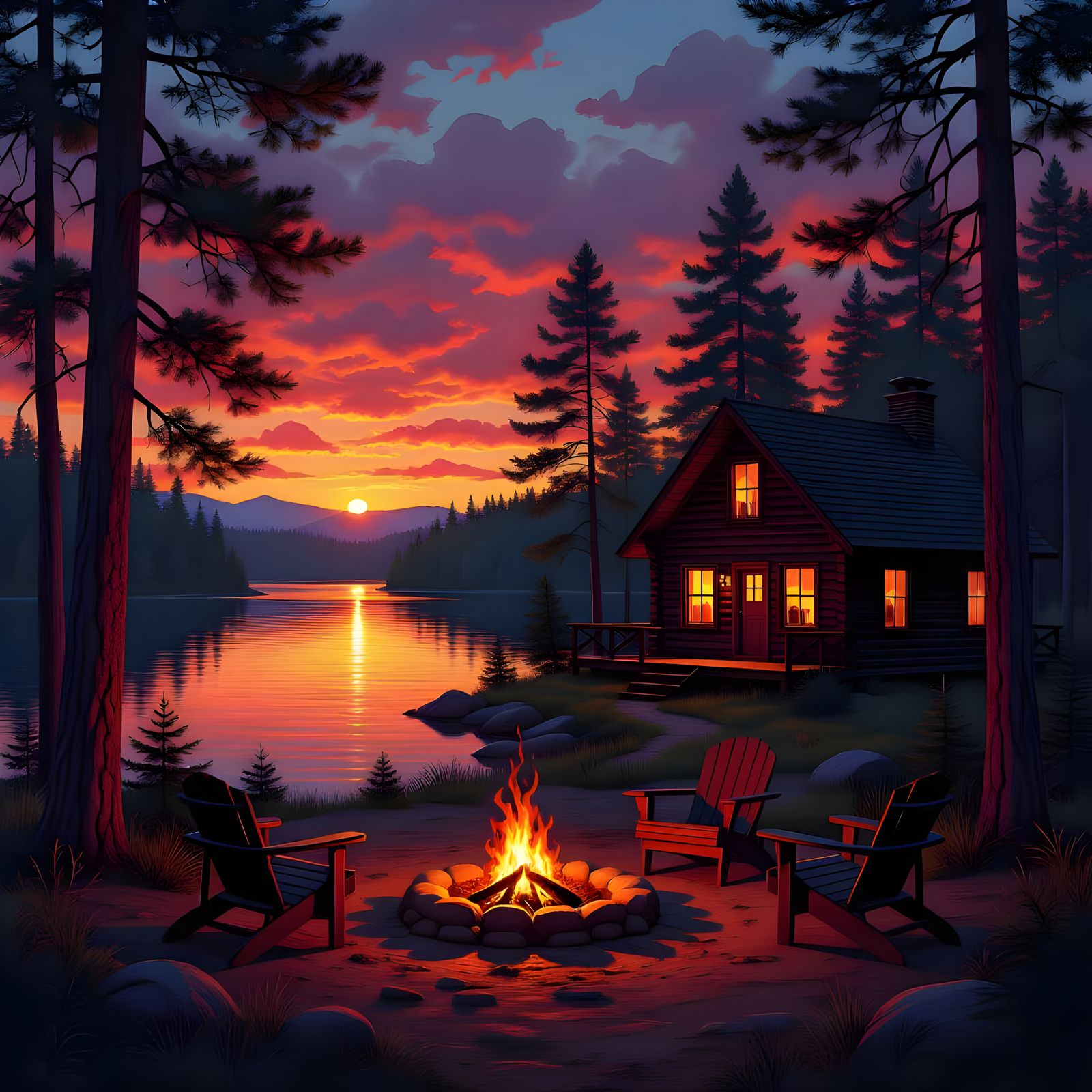 Crimson Sunset Over Forest Cabin