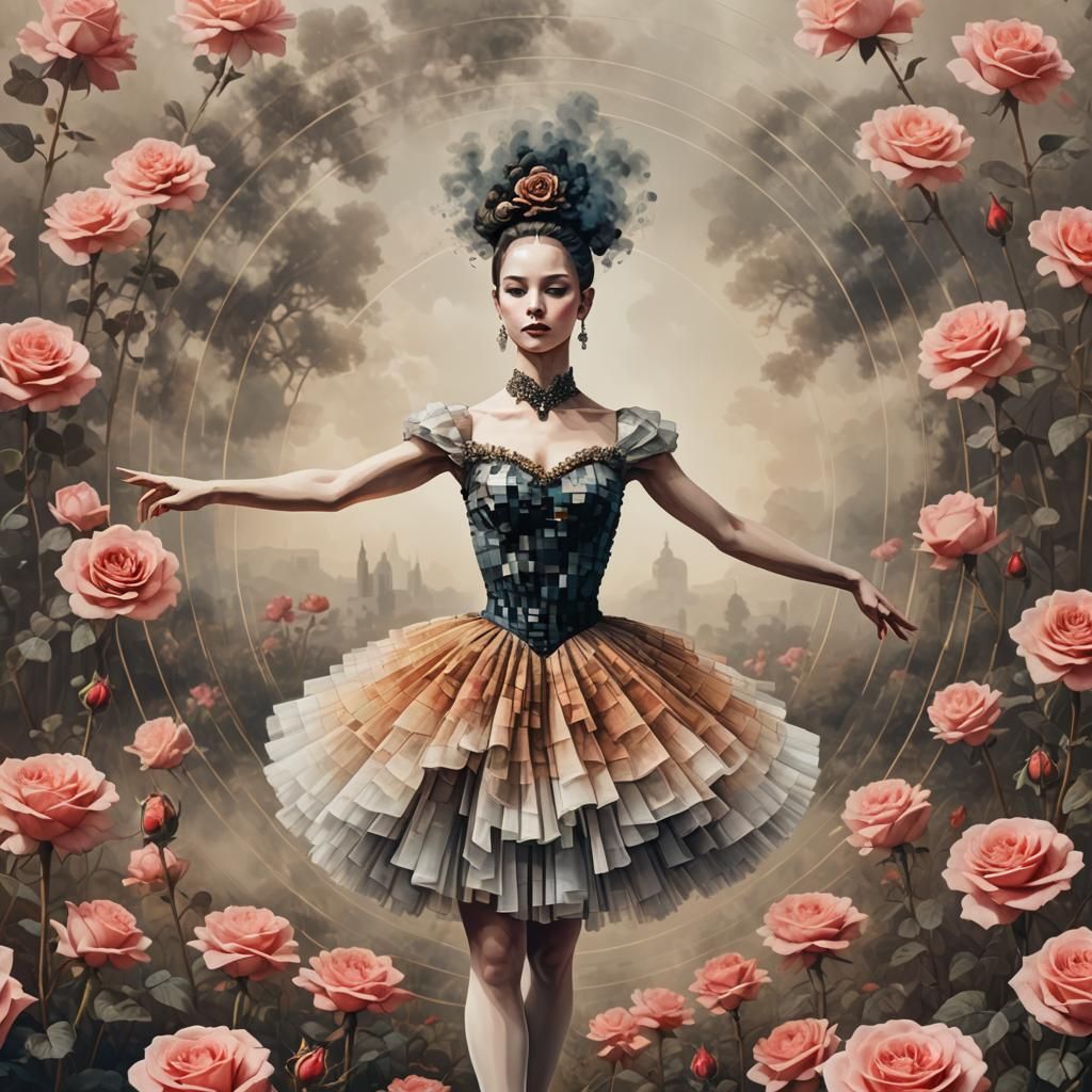 Pixelated Ballerina in Rose Field: Digital Pop Art