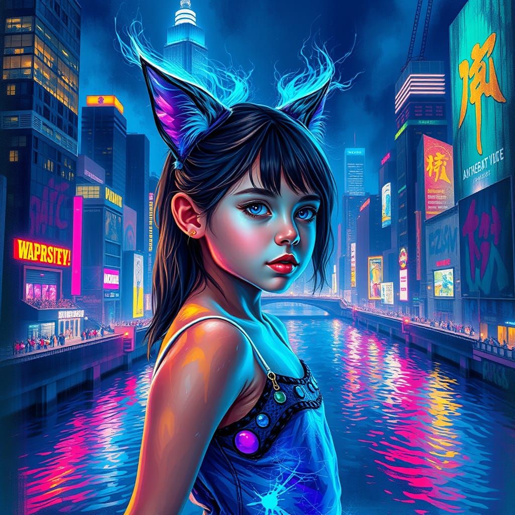 Ethereal City Spirit in Cyberpunk Style
