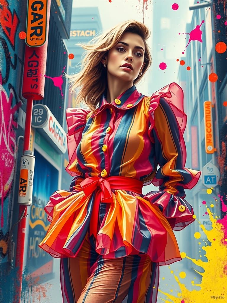 Electric Fashion Model in Kaleidoscopic Cityscape with Neon ...