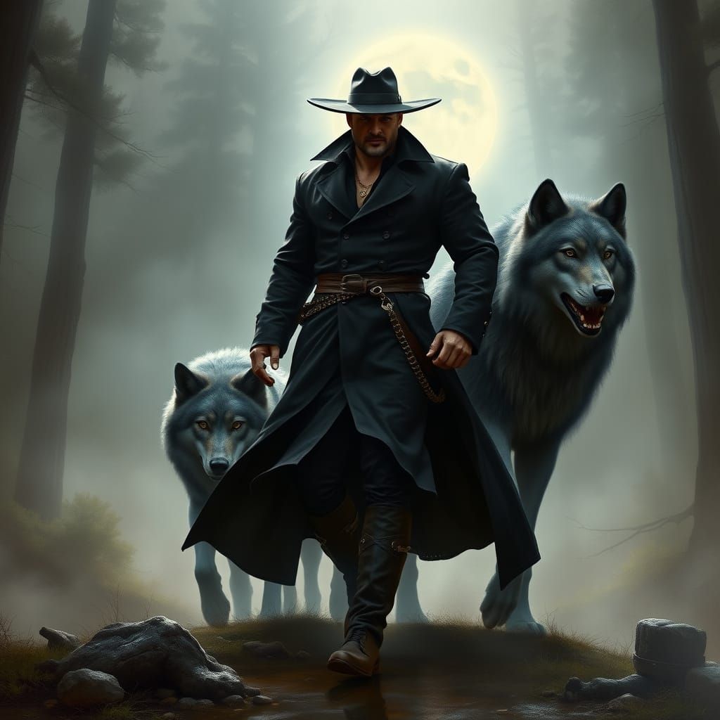 Mysterious Dark Fantasy Figure Leads Giant Wolves Out of the...