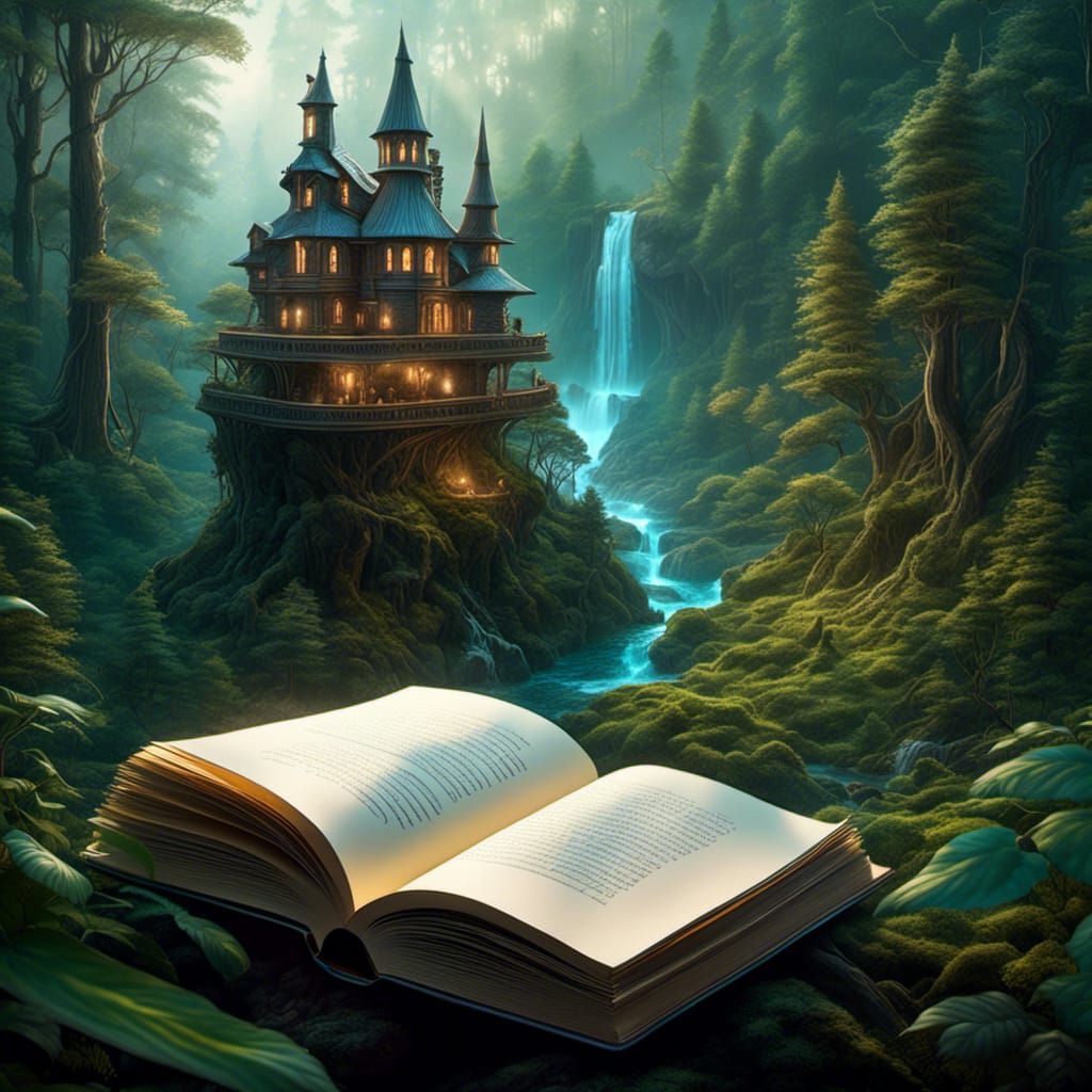 Magic Book Opens to Coniferous Forest, Hyperdetailed Art