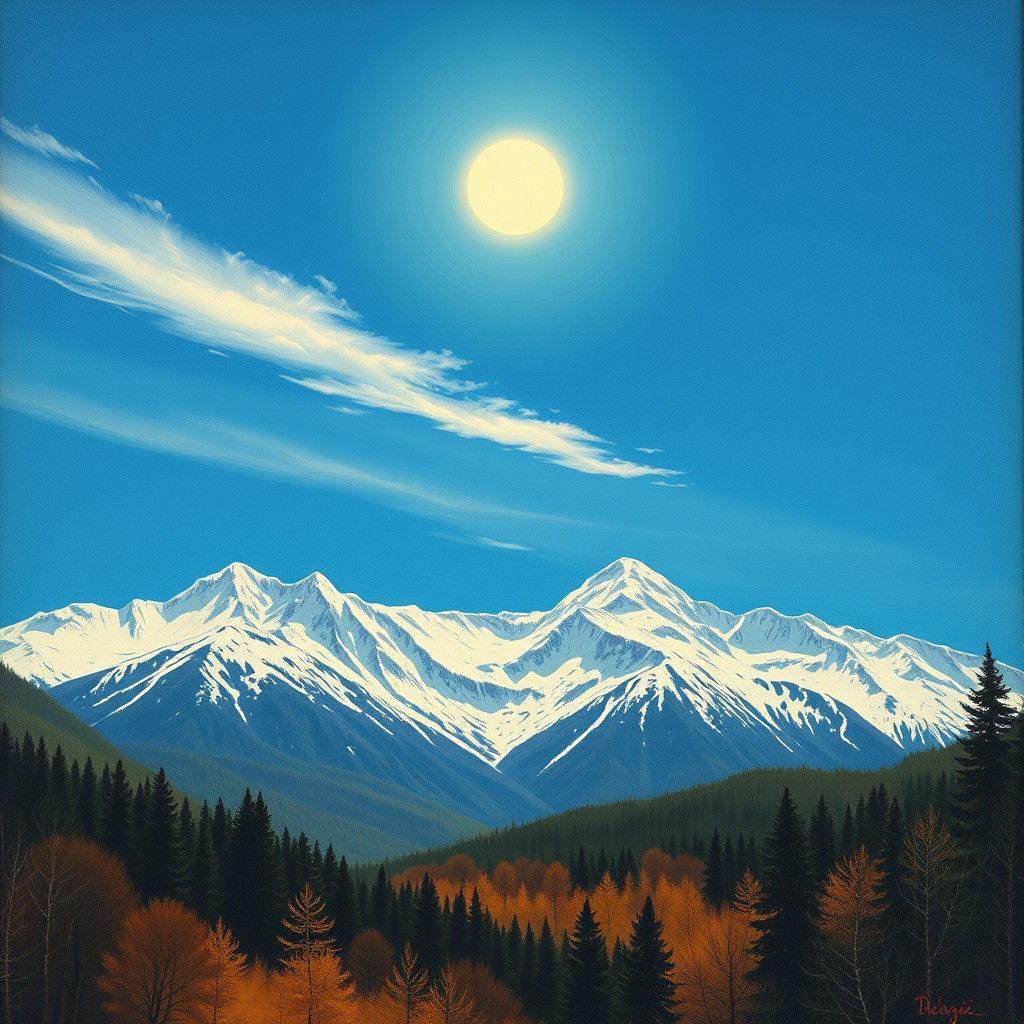 Snowy Mountains and Forest in Mixed Media Style