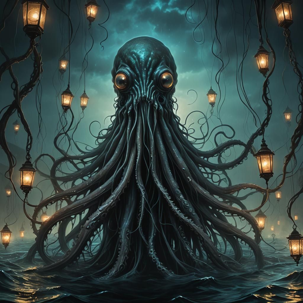 Giant Squid Attack in Dark Surrealism