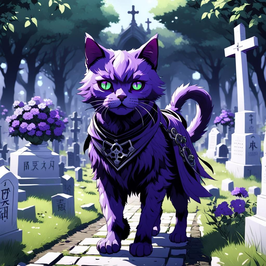 Violet Cat Reaper Walks in Cemetery, Anime Art