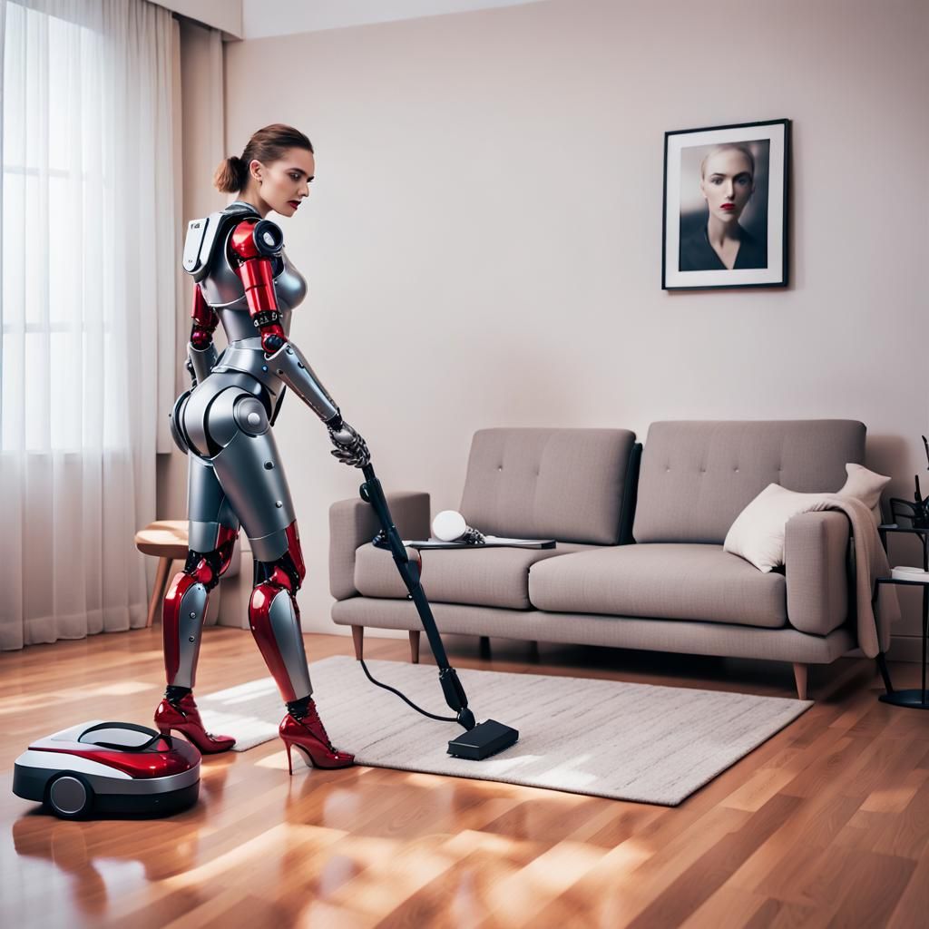 Robot Butler:: 🤖 polite woman android reparing a vacuum-roboter and cleaning the livingroom🦾🧠
beautiful cyborg woman...