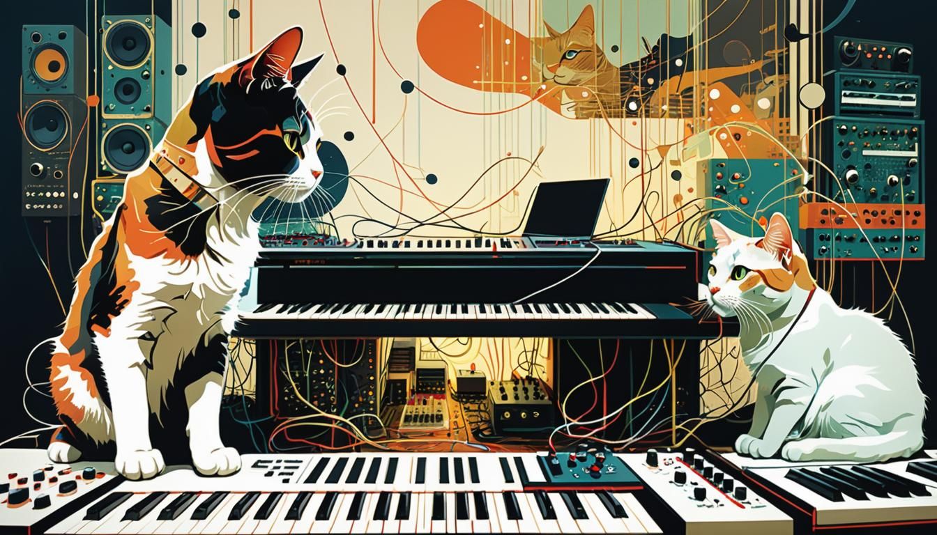 Cats in Music Lab: Double Exposure, Maximalist Illustration