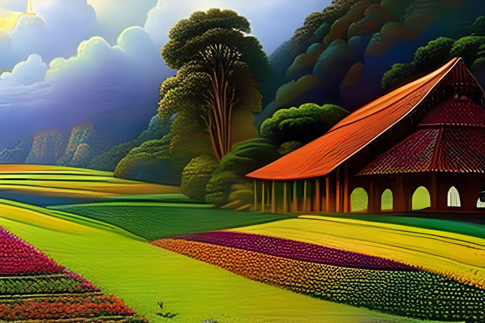 Lively Indian Farm with Rainbow Colors