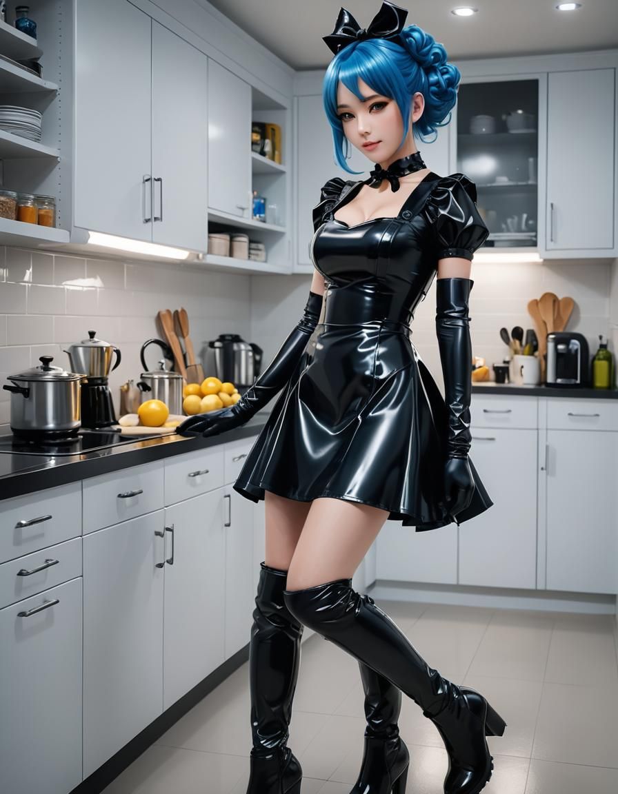 Anime Maid with Latex Dress in Kitchen