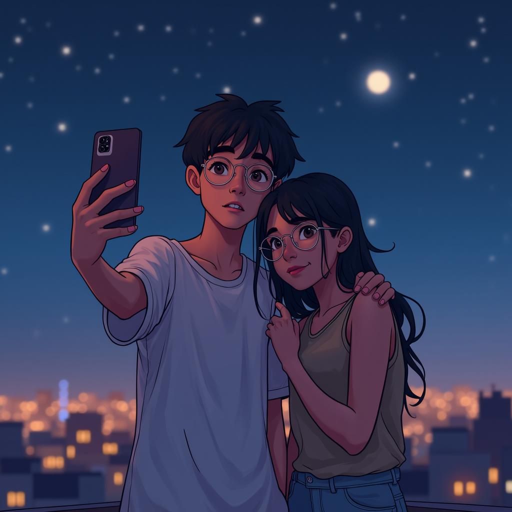 Teenagers' Rooftop Selfie in Fantasy Concept Art Style