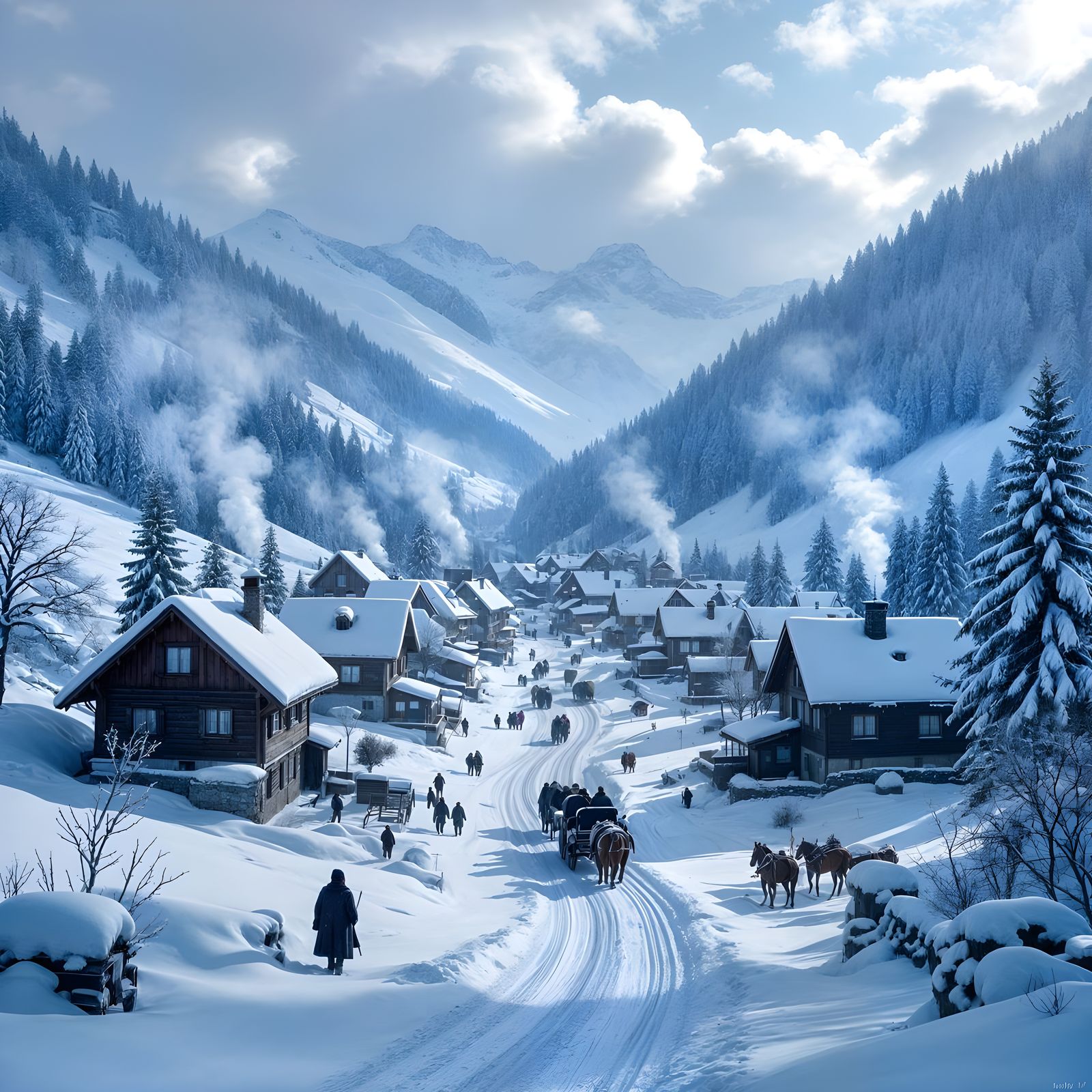 Snowy Mountain Village with Horse Drawn Wagons