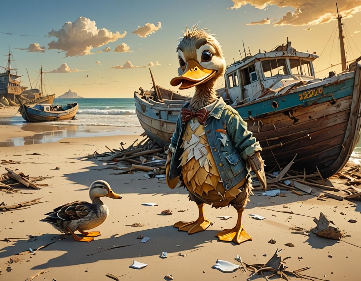 Anthropomorphic Duck Crawling on Beach in Cartoon Style