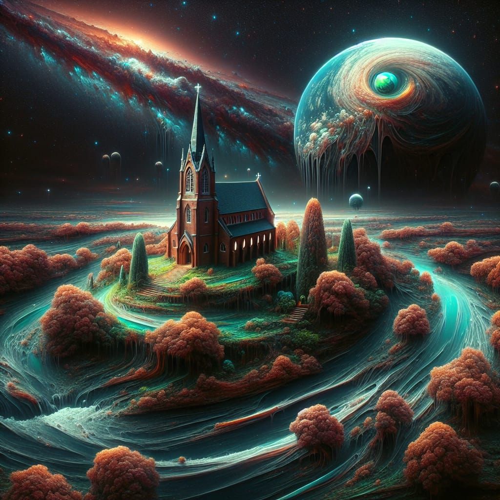 Gothic Interdrip Oasis Church Under Starry Sky