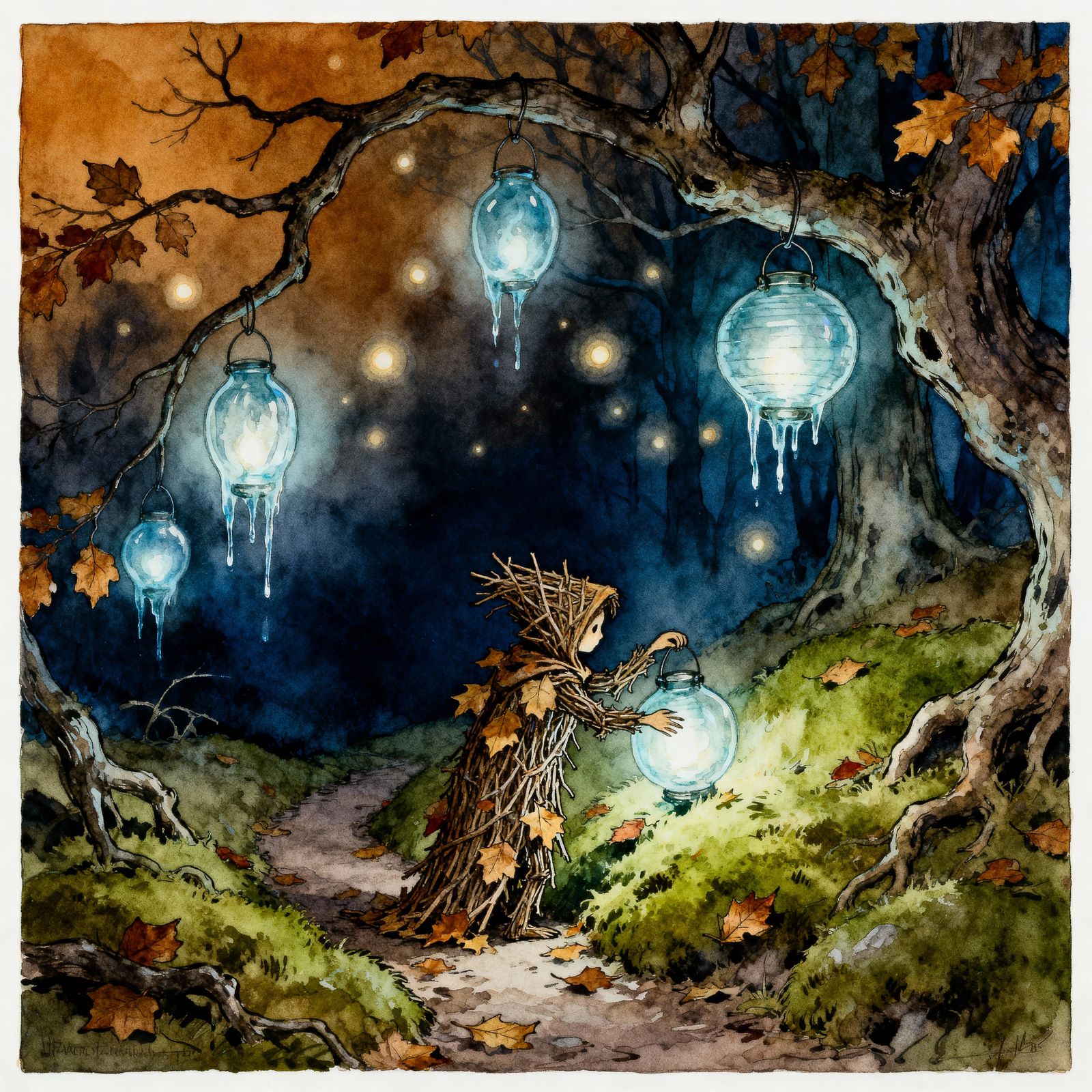 Whimsical Creature Tending Spectral Lanterns in Autumn Woods