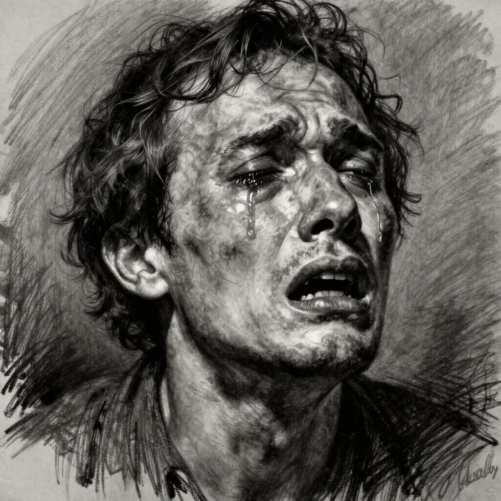 Man Weeping Blood in Anguished Charcoal Drawing