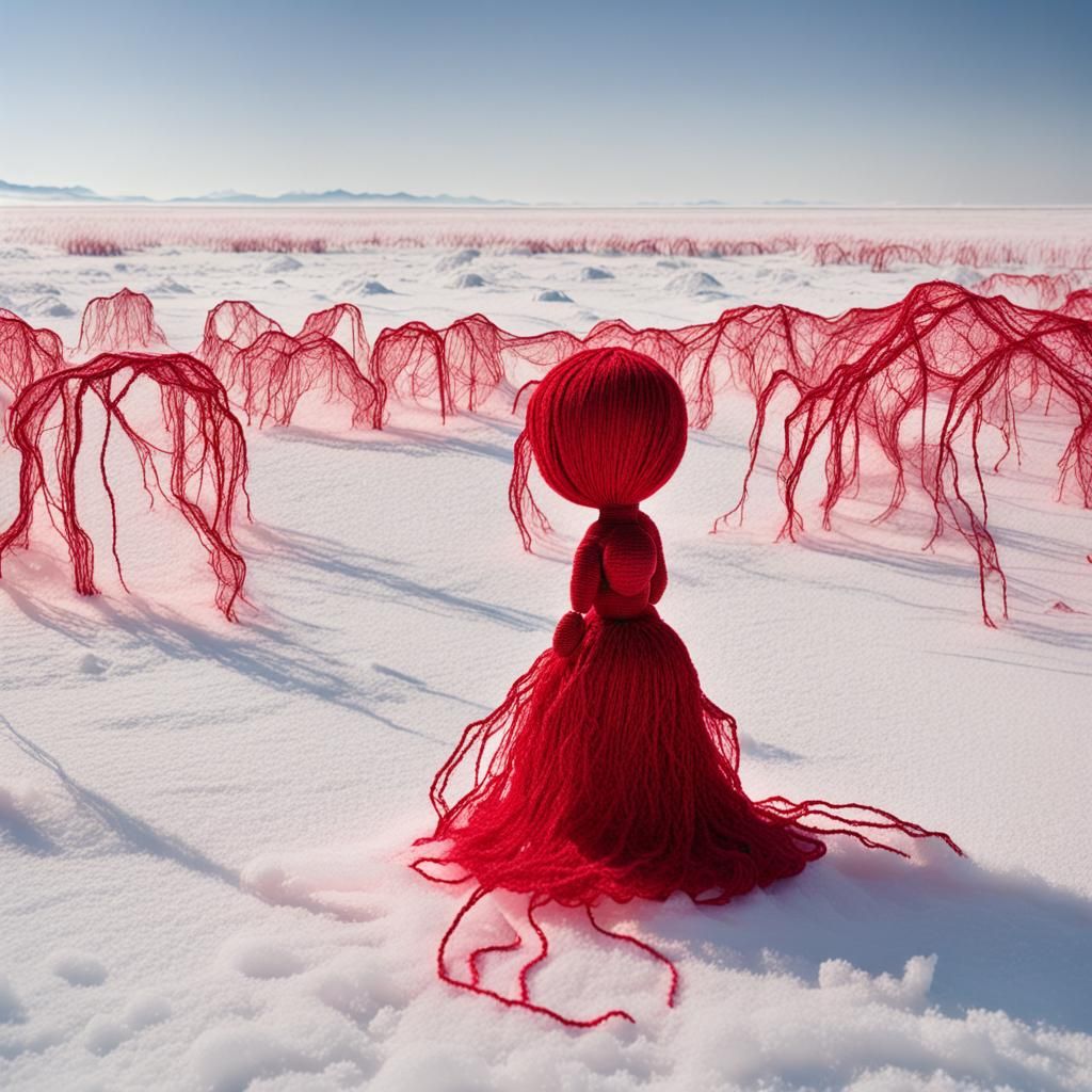 Red Doll in Apocalypse Winter Fiber Art