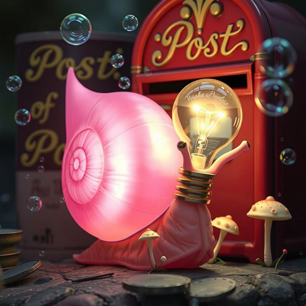 Pink Fantasy Snail Radiating Light, Whimsical Bioluminescenc...