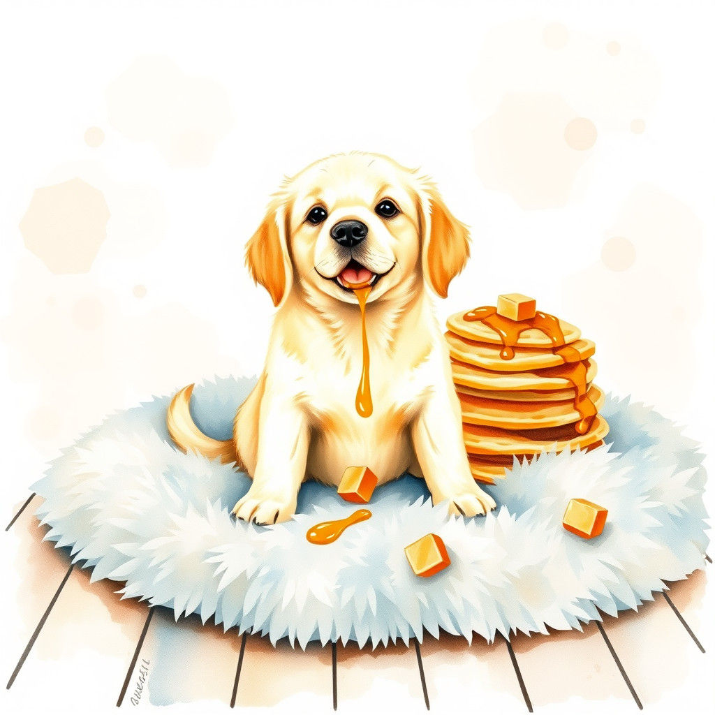 Golden Retriever Puppy's Pancake Feast: Whimsical Watercolor