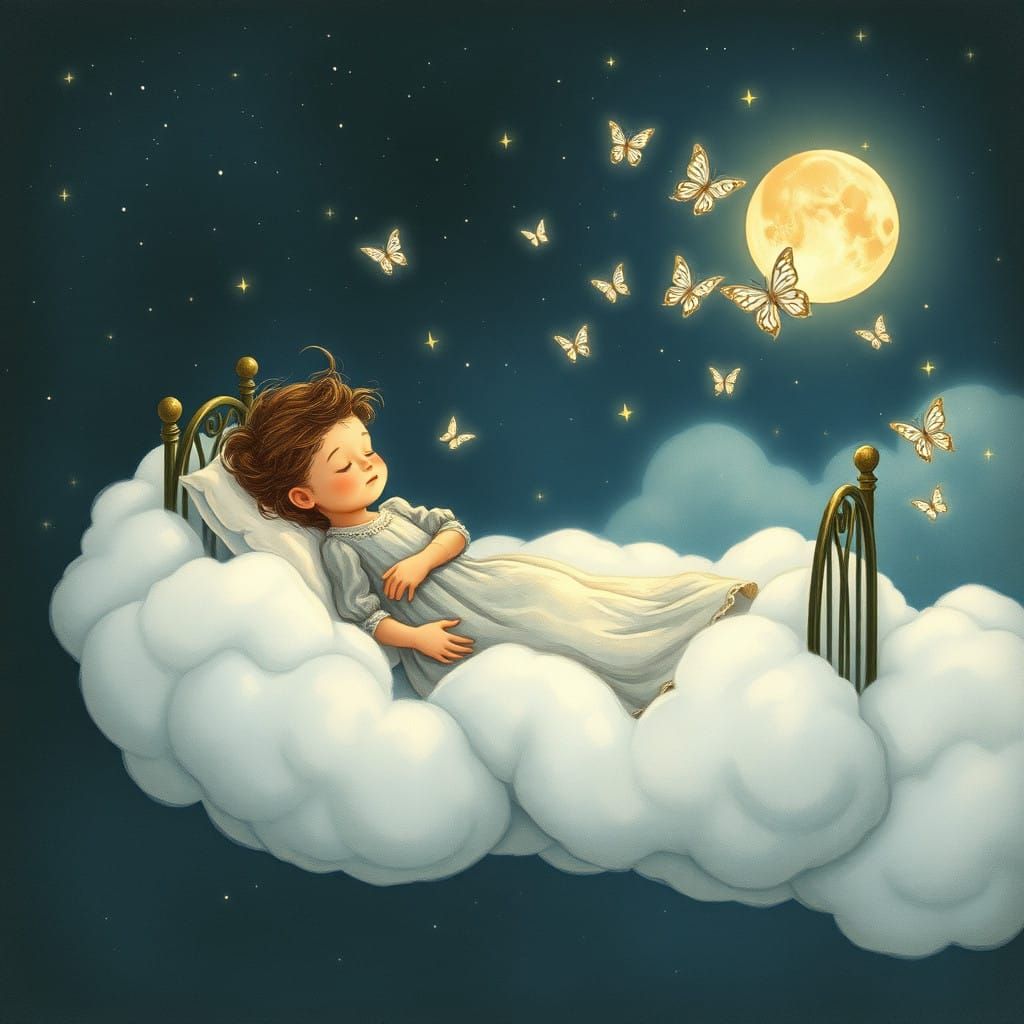 Little Girl's Enchanted Slumber in a Flying Bed