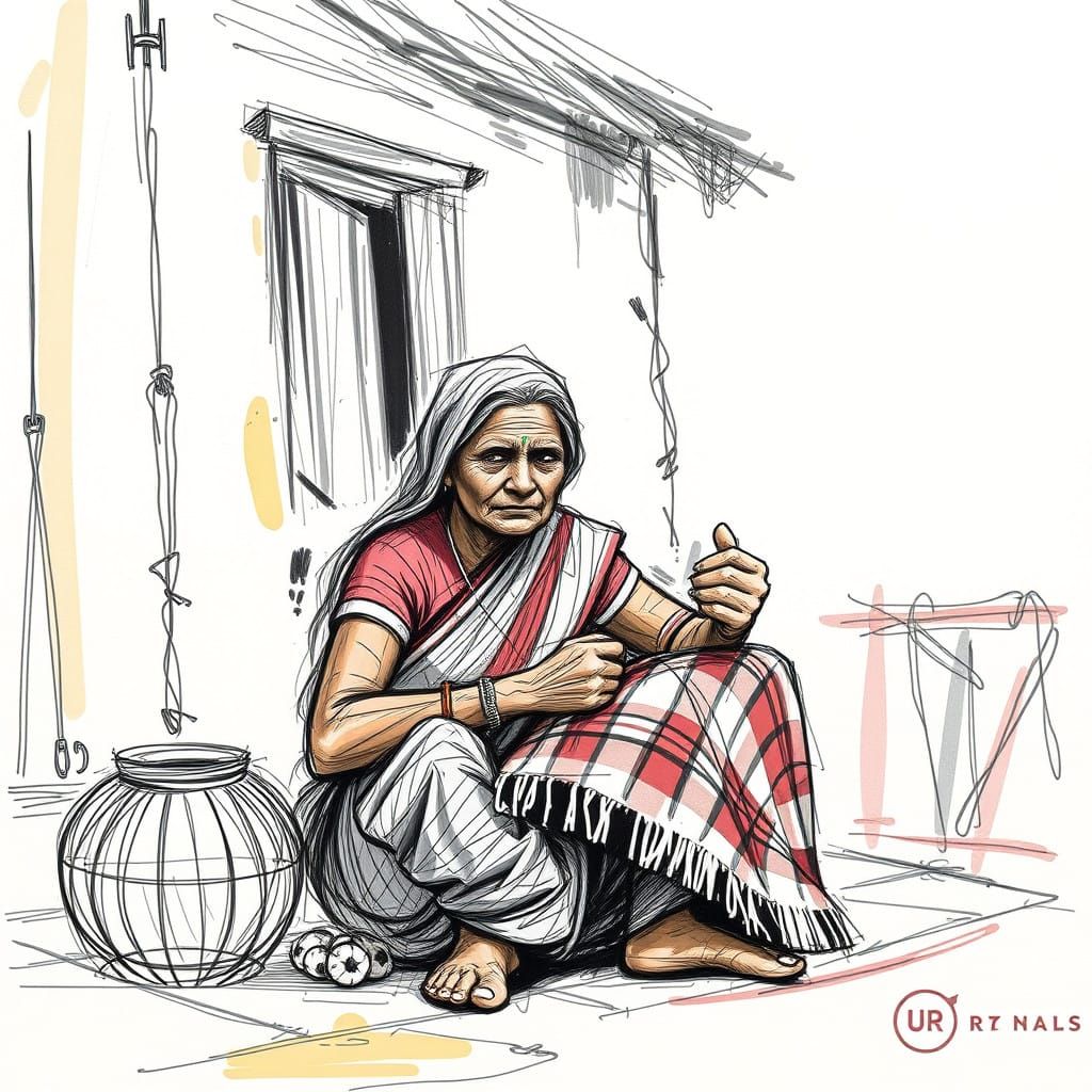 Rapid line work on facial features of Indian aged woman