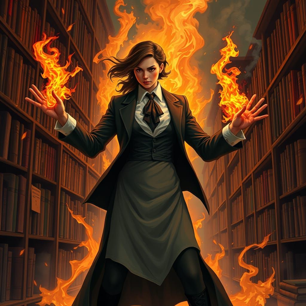 Library Hostess Battles Evil Flames in Dark Fantasy Style