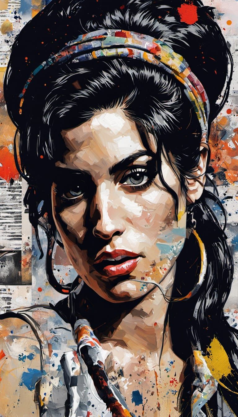 Amy Winehouse in Street Art Style, Mixed Media Portrait with...