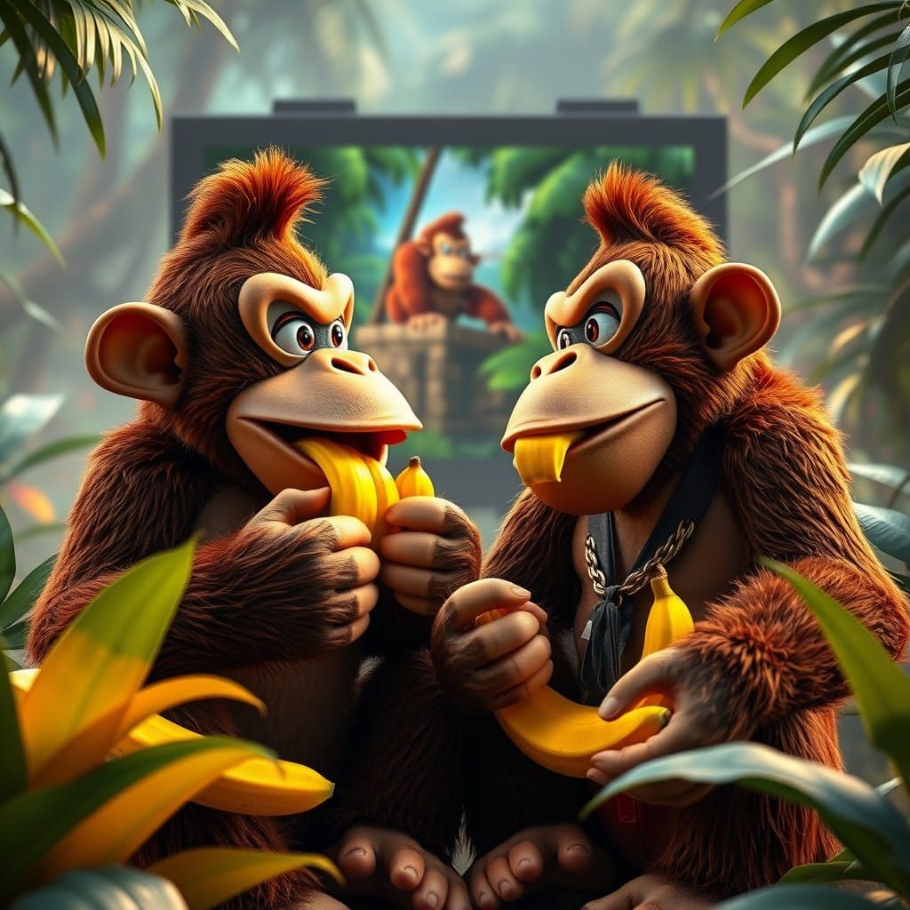 Diddy and Donkey Kong Enjoy Bananas in Tropical Rainforest S...
