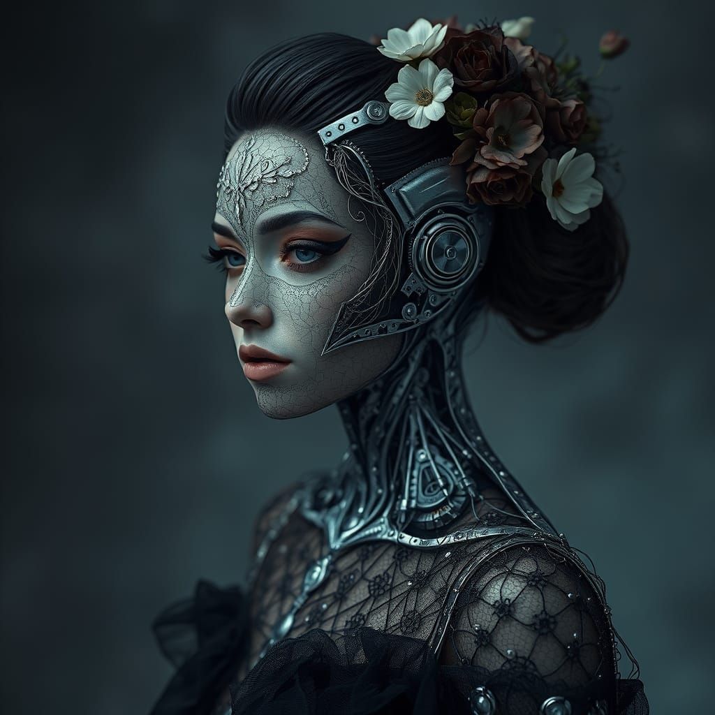 Elegant Lace Cyborg with Intricate Metal Body