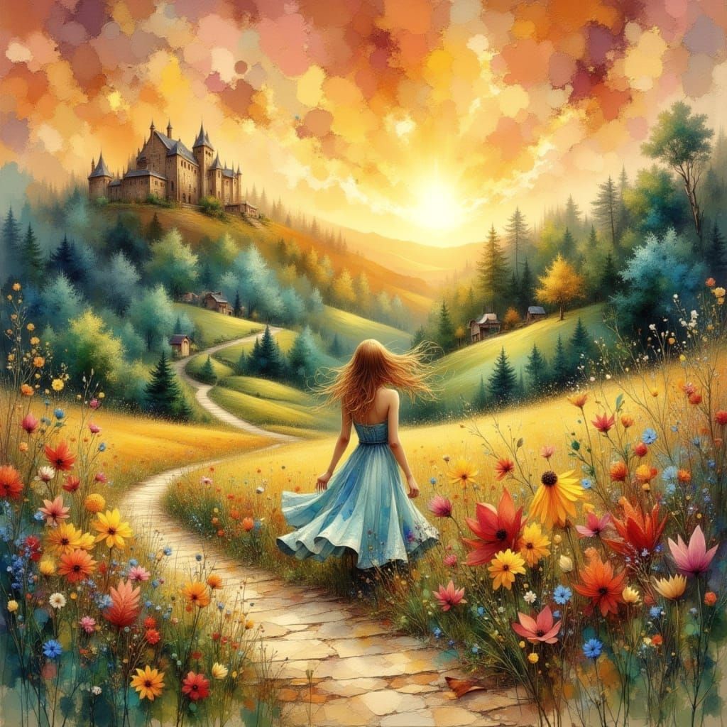 Dreamy Castle Sunset in Pastel Ink Wash Style