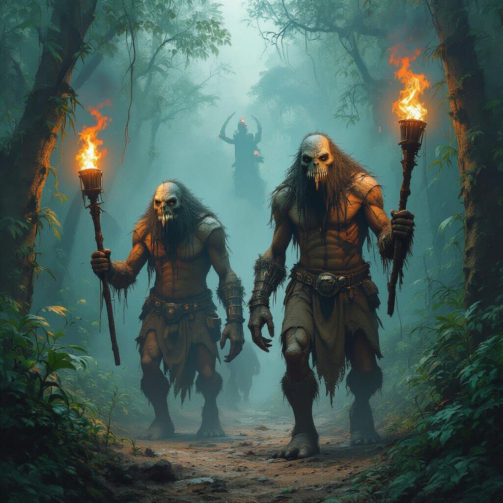 Amazon Giants with Metal Teeth, Dark Fantasy Art