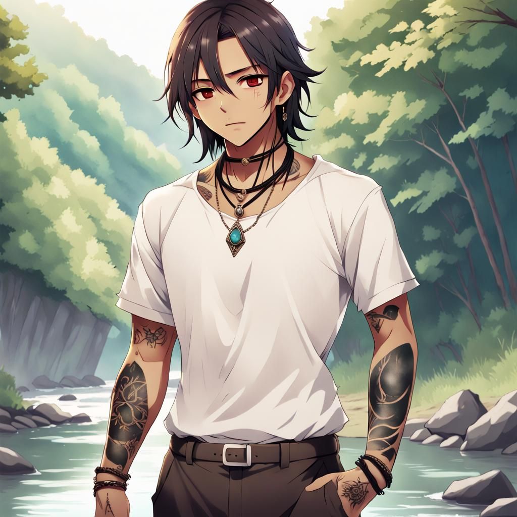 Handsome Native American Man with Tattoos in Anime Style