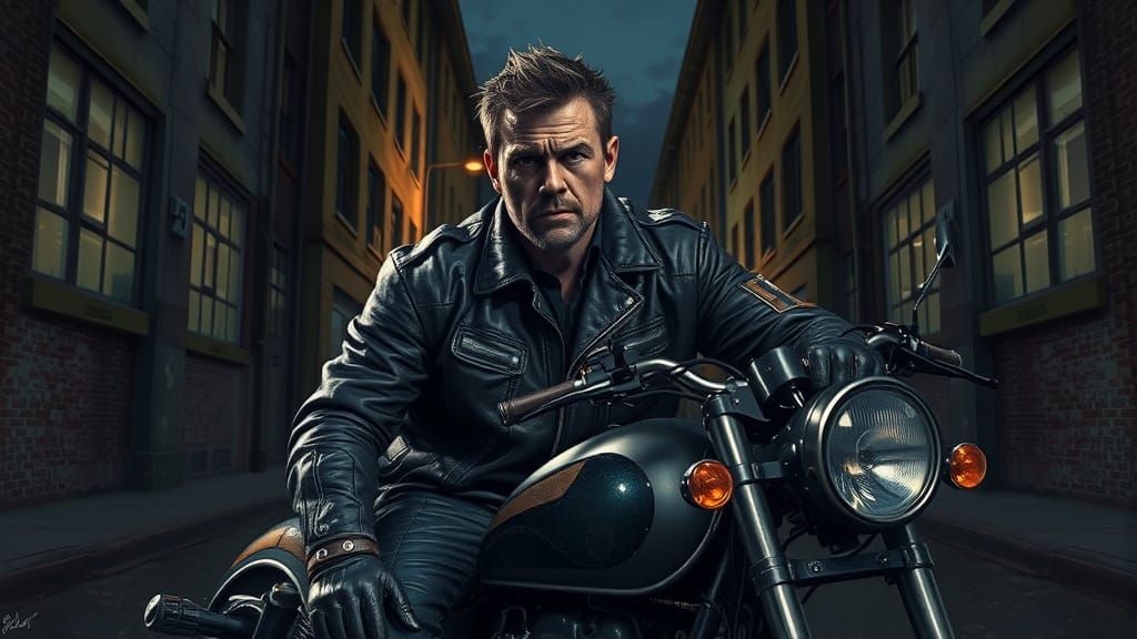 Biker in Alleyway: Hyperrealistic Night Portrait