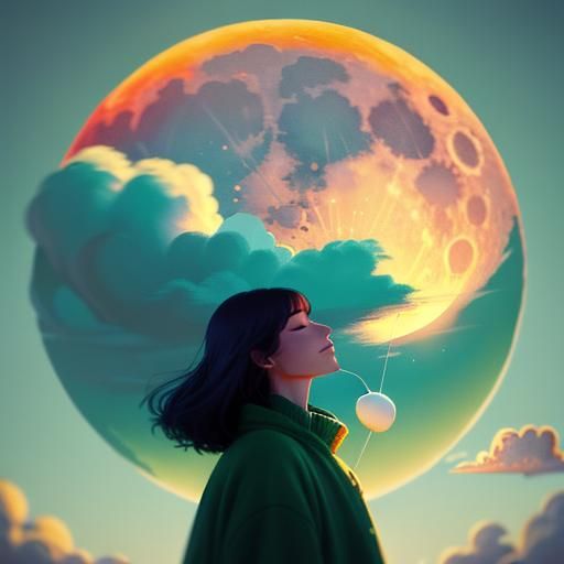 Girl Picks Moon from Avocado Sky: Dreamlike Illustration