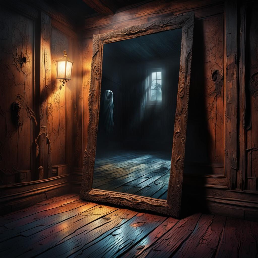 Ethereal Ghostly Face Reflected in Dark Mirror