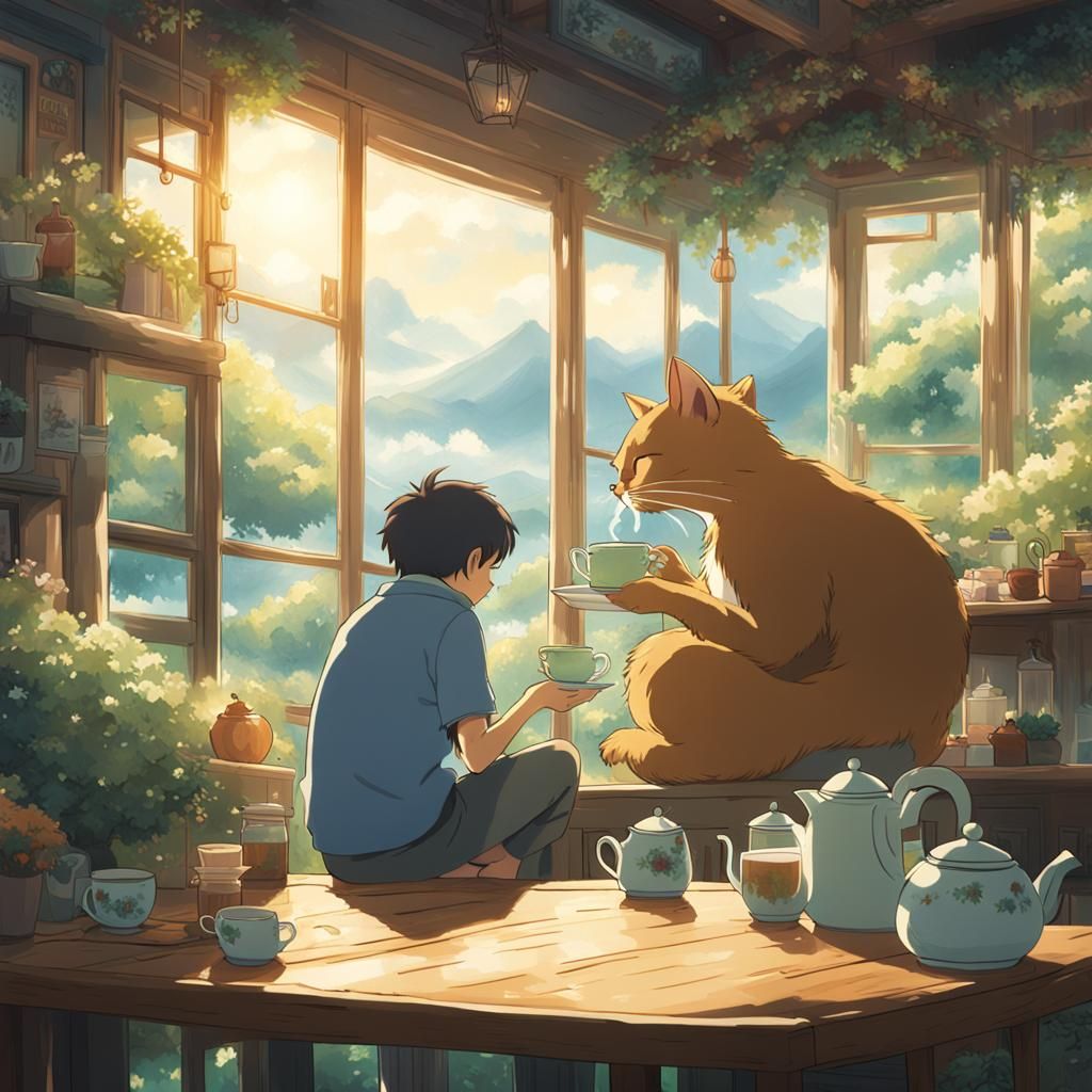 Human-Shaped Cat Drinks Tea: Studio Ghibli Style