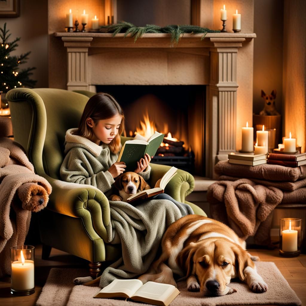 Cozy Realism: Girl Reading by Fireplace