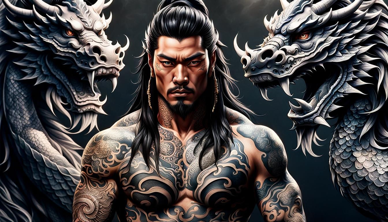 Tattooed Warrior Portrait in Traditional Japanese Style