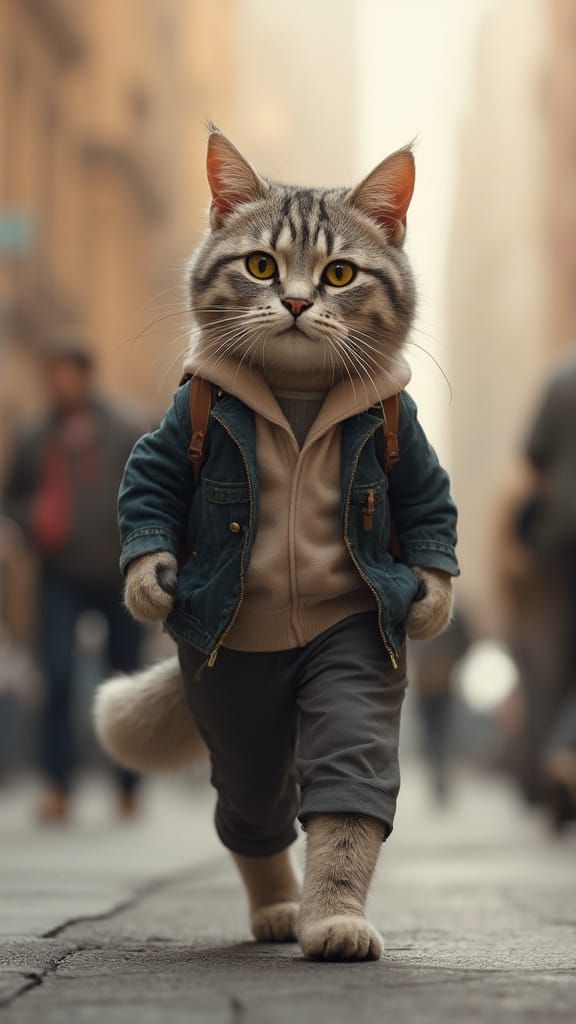 Realistic Upright Cat Student in City Street