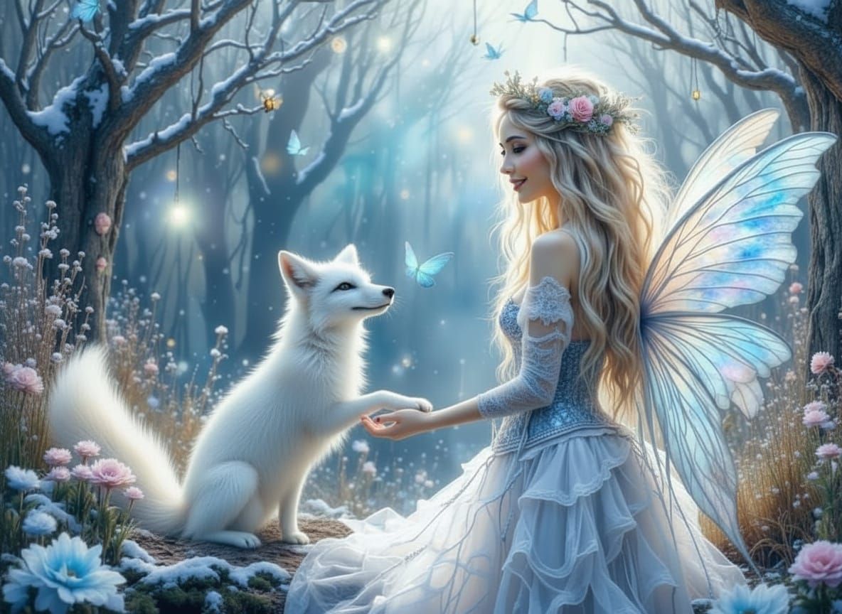 Woman in Gothic Dress and Fairy Wings with Injured Fox
