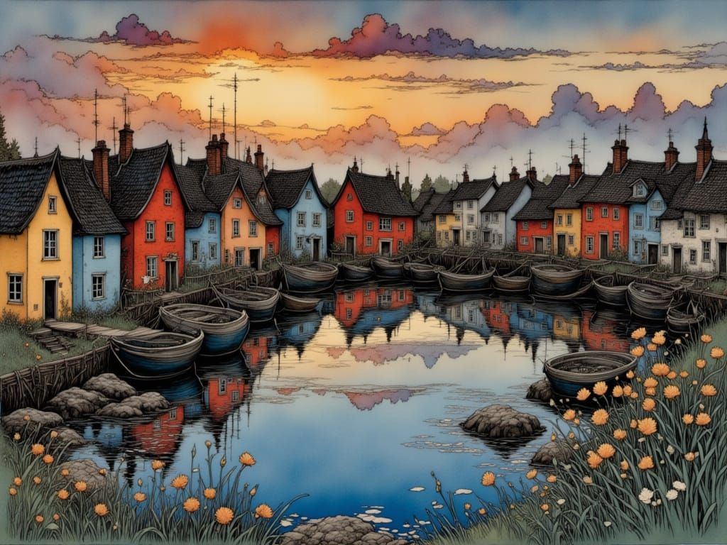 Vibrant Bay Scene in Whimsical Art Style