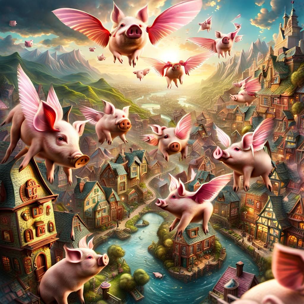 Flying Pigs Town in Springtime Fantasy