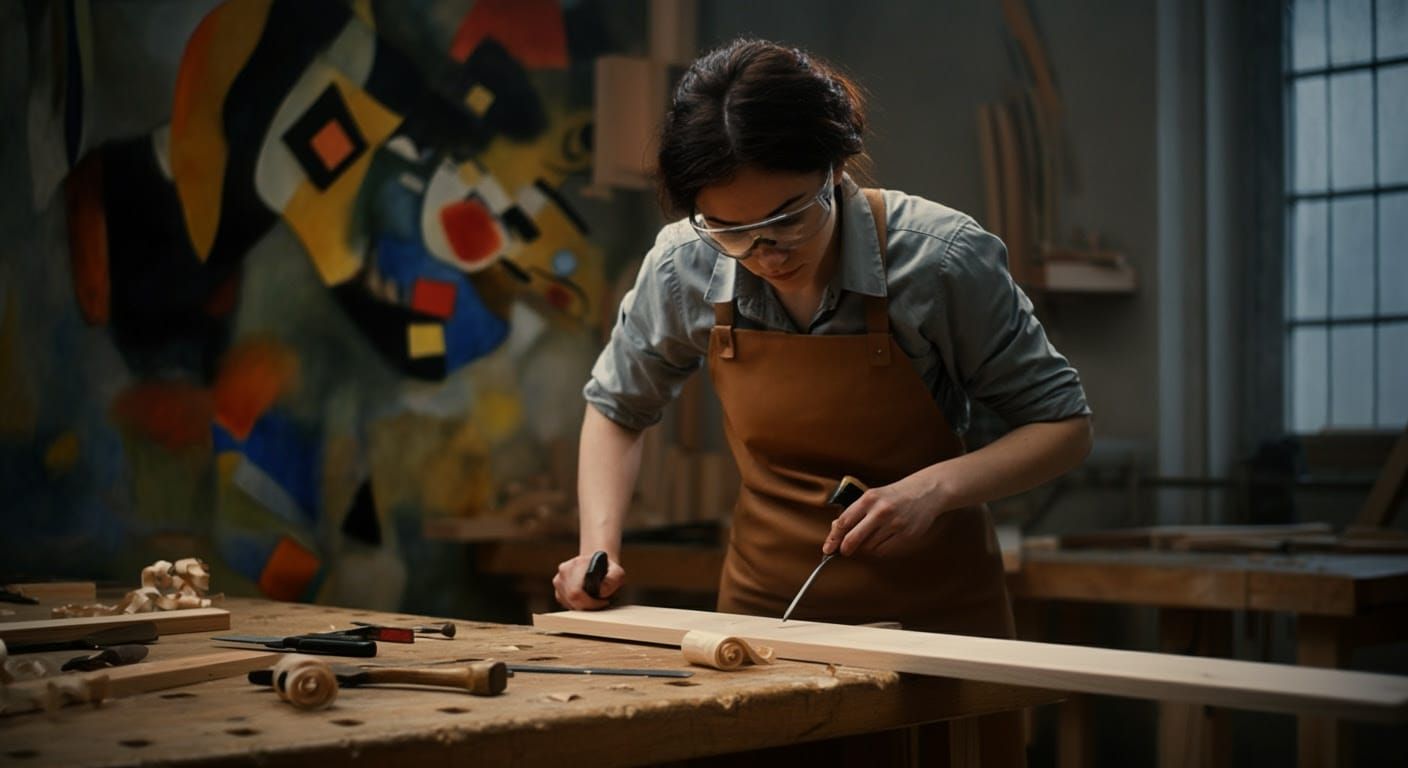 Female Carpenter Working in Hyperdetailed Woodshop