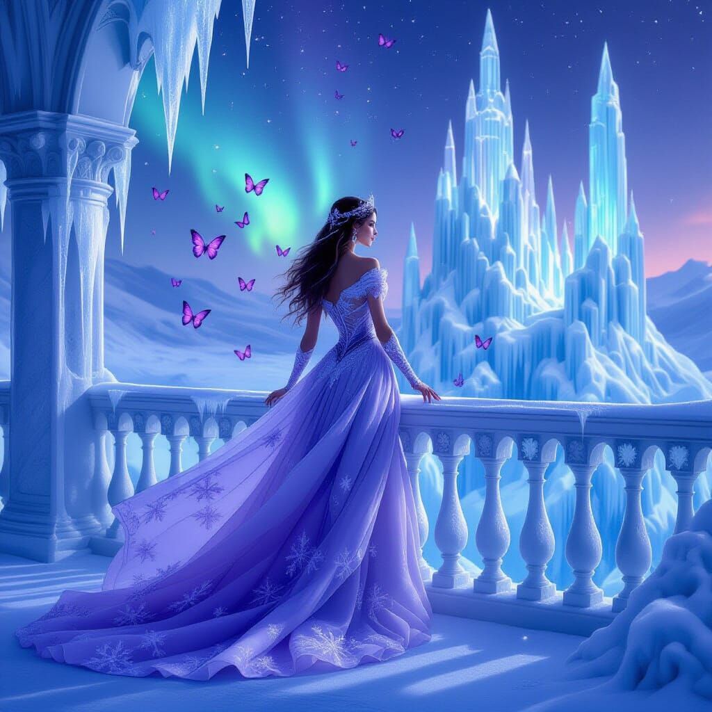 Regal Sorceress on Frozen Balcony with Aurora