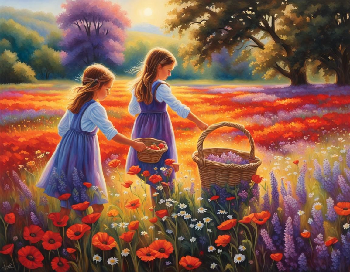 Children Picking Flowers in Hyperrealistic Field
