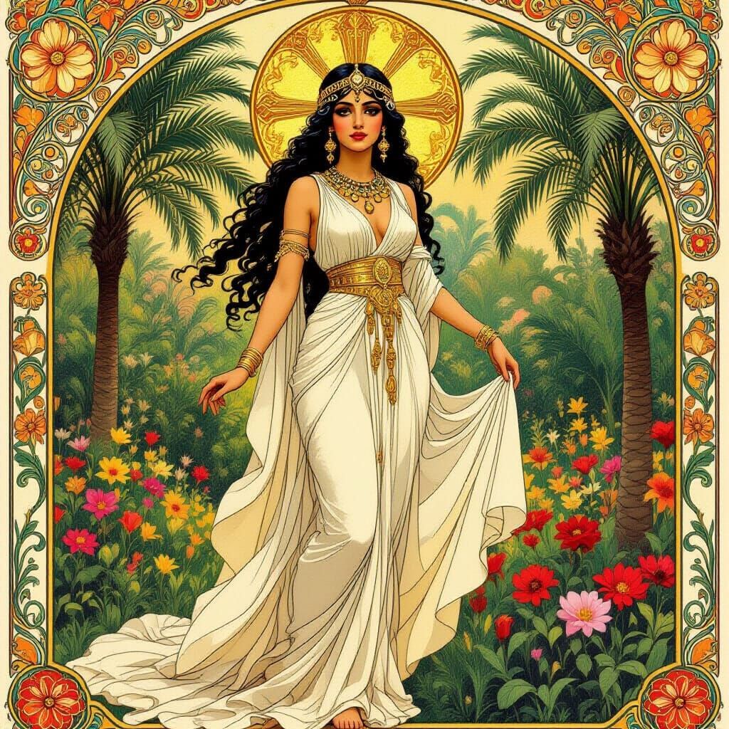 Inanna in a Mesopotamian Garden, Art Nouveau Style